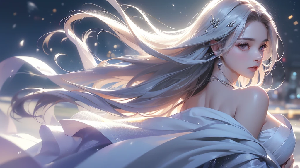 ((masterpiece:1.5、8k、Portraiture、フォトリアリスティックでVery detailedなCG、Very detailed、Particle Effects、Dynamic Effects、Shallow depth of field、Cinematic Light、Lens flare、Ray Tracing、Tabletop、Realistic:1.4、Ultra-high resolution:1.2、Realistic、Realistic))((alone、1 girl,A woman wearing a cashmere coat over an off-the-shoulder dress:1.4、Elegant woman posing、Detailed face、bright表情、young, bright, Whiter skin、Ample breasts、Best Looks、Ultimate beauty、Shiny silver hair with highlights、bright and shiny hair,、Super long, Silky straight hair、Hair dancing in the wind))(morning、The setting is outdoors in the snow、Surrounded by illuminations)Wear warm clothes