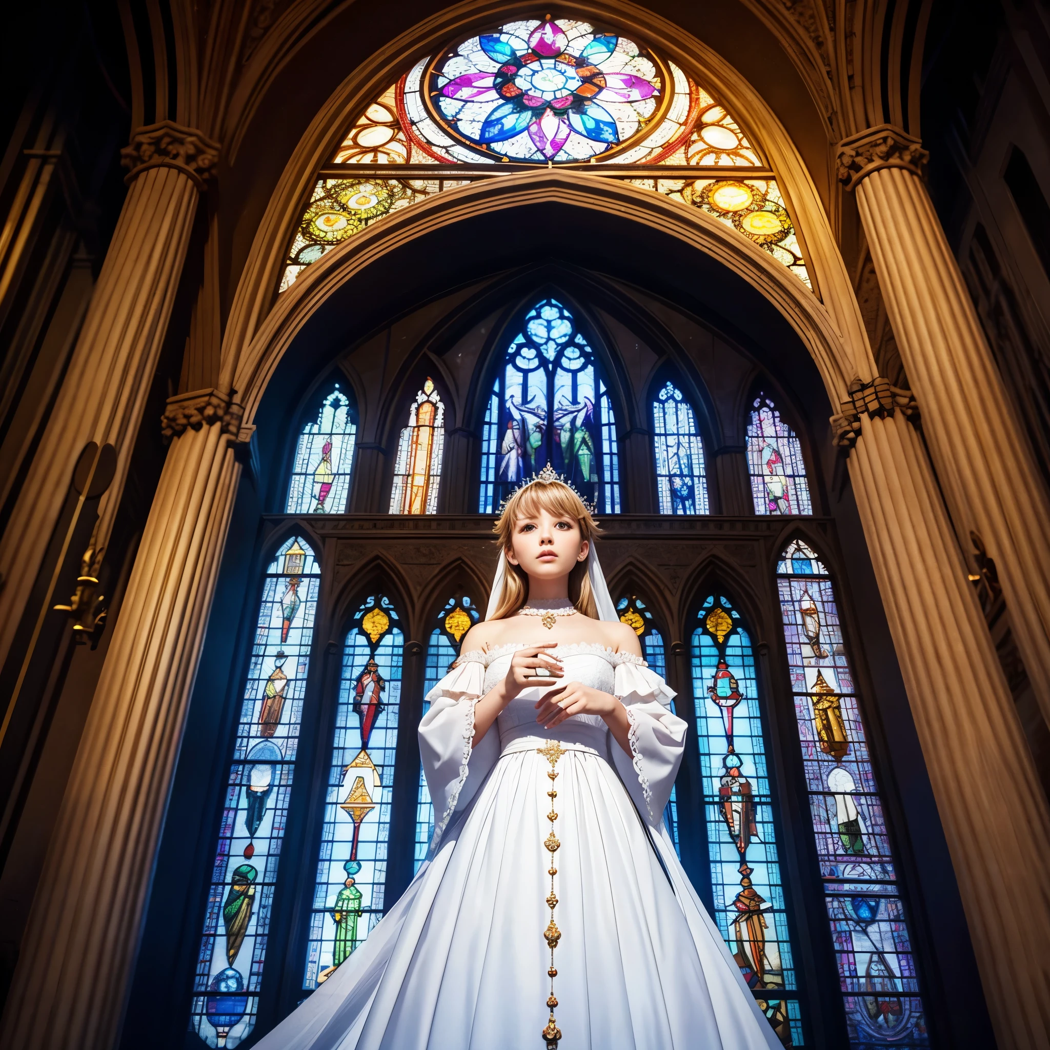  (Cathedral from below:1.28) (ZoomLayer) TopQuality 8K masterpiece of ((Professional photo)), (((Clarisse de Cagliostro))) (Detailed White WeddingDresses), Chain, (((Extremely detailed KAWAII face))) {((VeiledFace))|BlondeHair|(Elaborate BuleEyes)with(SparklingHighlights:1.28)}, The background is distant (((Elaborate stained glass))) Rainbow Glass, {(MysticSight)|EnchantingAtmosphere|Haze|(GodRays)|TyndallEffect}, Radiant PearlSkin with Transparency, (Exposed:0.39)