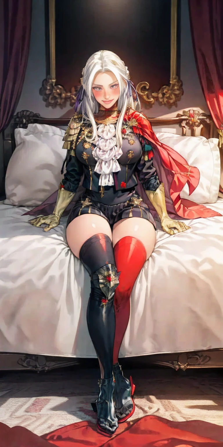 masterpiece, best quality, Edelgard von Hresvelg, purple eyes, hair ribbon, red cape, black jacket, yellow bikini with metal sandals, ascot tie, red gloves gauntlets, full body sitting on bed, sitting, portrait, looking at viewer, furrowed brow, smile red blushed, crossed arms, bedroom background