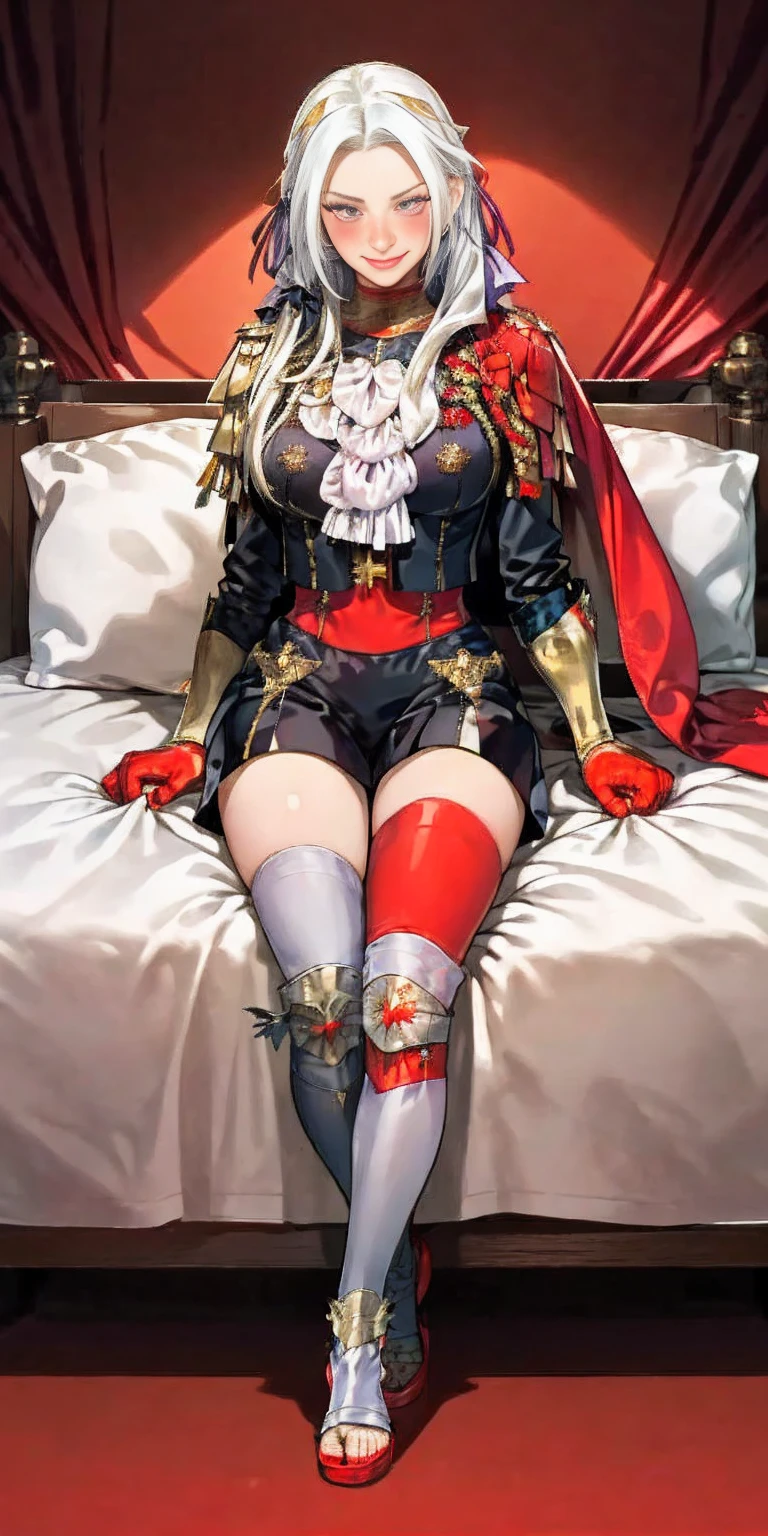 masterpiece, best quality, Edelgard von Hresvelg, purple eyes, hair ribbon, red cape, black jacket, yellow bikini with metal sandals, ascot tie, red gloves gauntlets, full body sitting on bed, sitting, portrait, looking at viewer, furrowed brow, smile red blushed, crossed arms, bedroom background