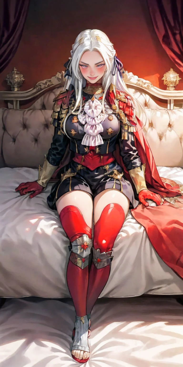 masterpiece, best quality, Edelgard von Hresvelg, purple eyes, hair ribbon, red cape, black jacket, yellow bikini with metal sandals, ascot tie, red gloves gauntlets, full body sitting on bed, sitting, portrait, looking at viewer, furrowed brow, smile red blushed, crossed arms, bedroom background