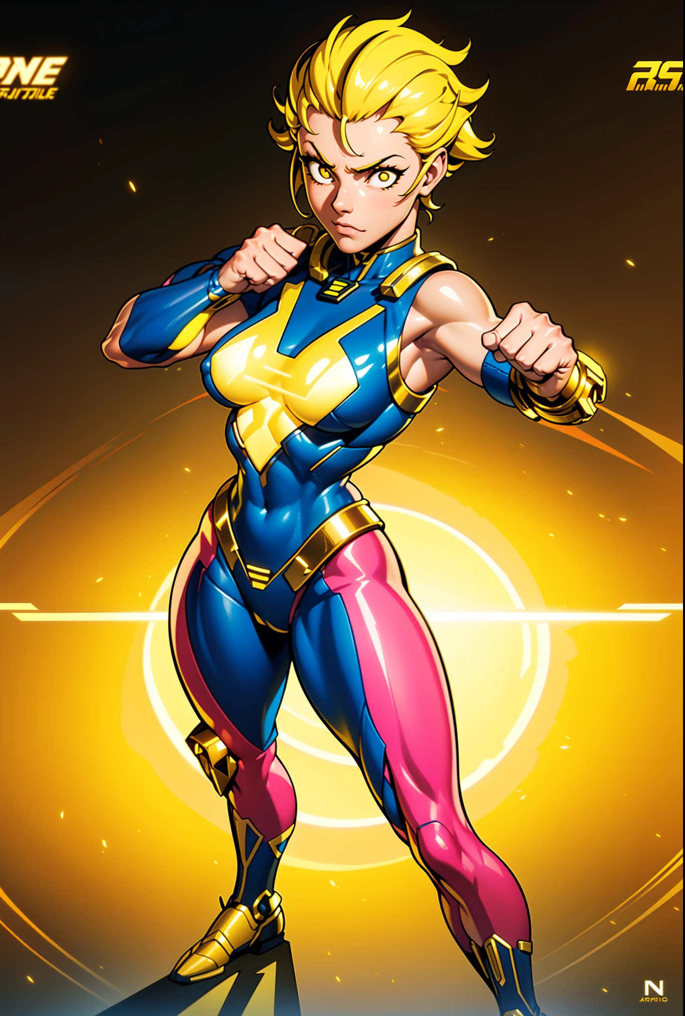 Digital painting of a woman with gold and yellow hair, Superhero, Muscle Girl, Pause, Raise your fist, From above, 1 knee up, Behance Contest Winner, Afrofuturism, Synthwave, neon, glowing neon, Huge saggy breasts,