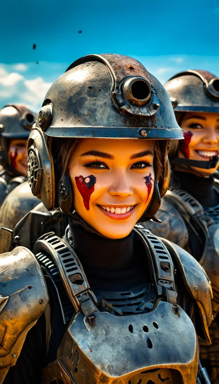 Close-up of a ((extremely beautiful girl warior)) , half human, half beast, their faces a bit partially obscured by military helmets. Their eyes are filled with hapiness and longing. The background is a trail of blood and violence. SHe wears a mechanized robot armor, carved with animal elements, human skulls. The sky is filled with swirling, fiery clouds. The photo conveys a strong sense of the warrior's appearance, ((smiling))