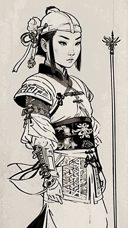 (((Monochrome)))、(((Ink Painting)))、((ancient chinese iron armor)),((Androgynous man with a bun hairstyle and a white swimming cap))、Point your hands down、Line art、Oriental、Ultra-high resolution、Game Poster、Crisp and beautiful image quality、whole body ,(((Ancient Chinese armor, Dragon head on shoulder, (Ancient Chinese armor with intricate pattern:1.2))), gloves, Long trousers, (Very detailed, bloom:1.5), (Highest quality, Concept Art, 4K), (analog:1.2), (high sharpness), (Detailed pupil:1.1), Detailed face and eyes, masterpiece, Highest quality,8k, (Black Hair, Dynamic Short Hair), (PurerosFace_v1:0.2), [:(Detailed face:1.2):0.2], sharp, Realistic Shadows, 