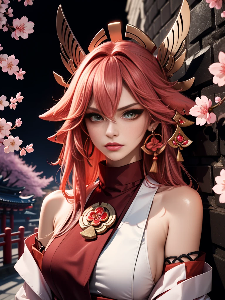 (Masterpiece, Excellent, 32K UHD 1girl, solo, complex details, color difference), realism, ((medium breath)), off-the-shoulders, big breasts, sexy, Yae Miko, long pink hair, red headdress, red highlight, hair above one eye, green eyes, earrings, sharp eyes, perfectly symmetrical figure, choker, neon shirt, open jacket, turtleneck sweater, against the wall, brick wall, graffiti, dim lighting, alley, looking at the audience, ((mean, seductive, charming)), ((cherry blossom background ))),((Japanese temple background)))), (((Glow-in-the-dark background)))