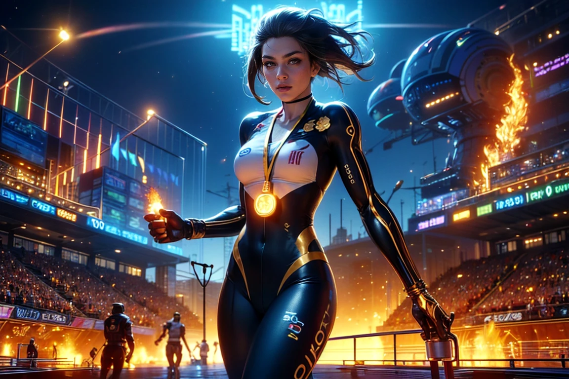 top quality, future world, State-of-the-art robot, Beautiful Woman, cycling, boxing, badminton, volleyball, basketball, fencing , flying hair, Transformed into a cyborg except for the face, sexy images, whole body photo, (((Olympic flame, torch in hand, gold medal on neck)))