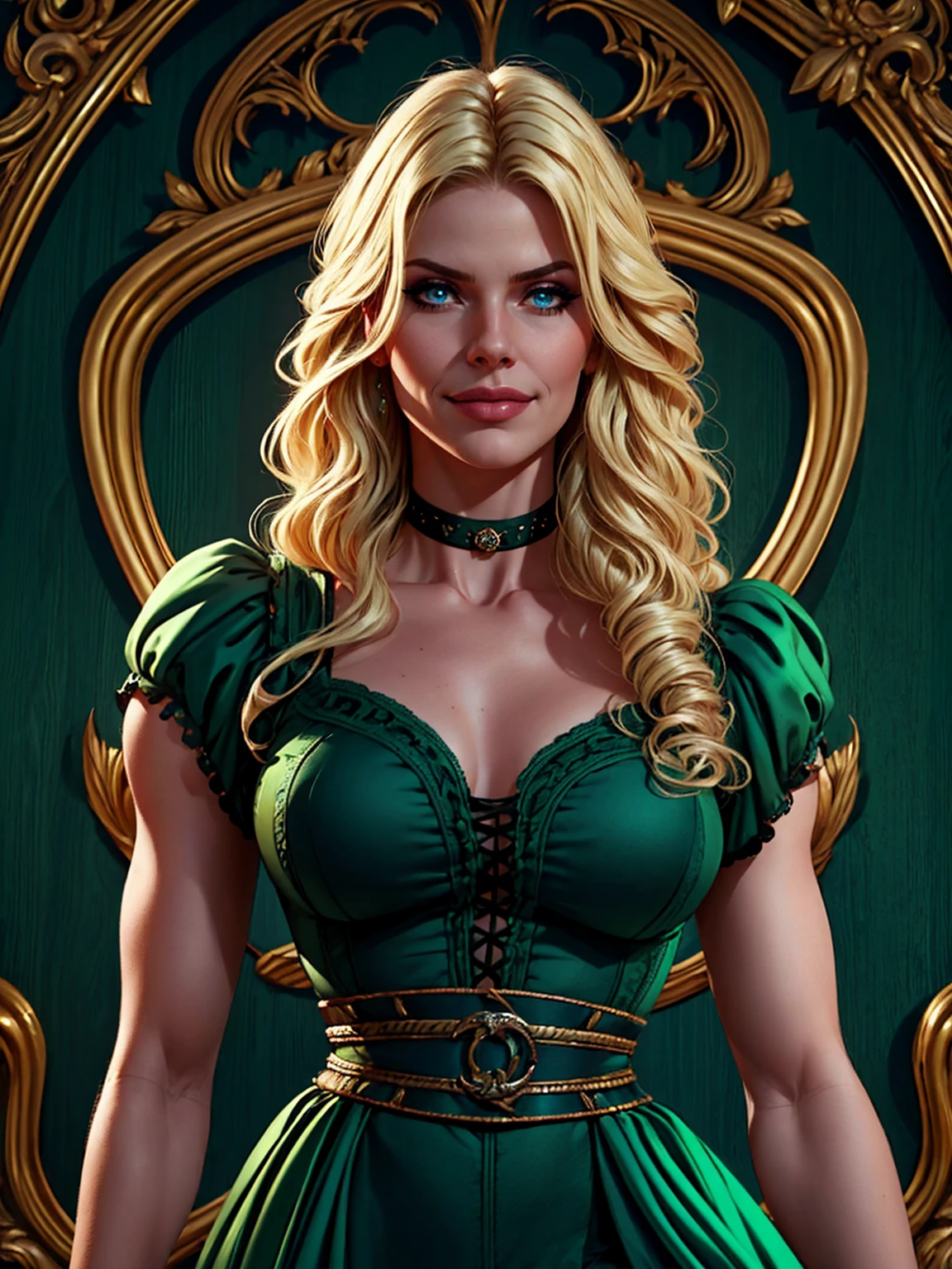 {-erro_de_anatomia:1.0} woman 40 years old, victorian clothes, (green dress), a woman (johanna constantine), very long blond hair, curly hair, (blond hair), (dark blue eyes), black choker . Indifferent look , merciless, dinamic poses, egoist smile,