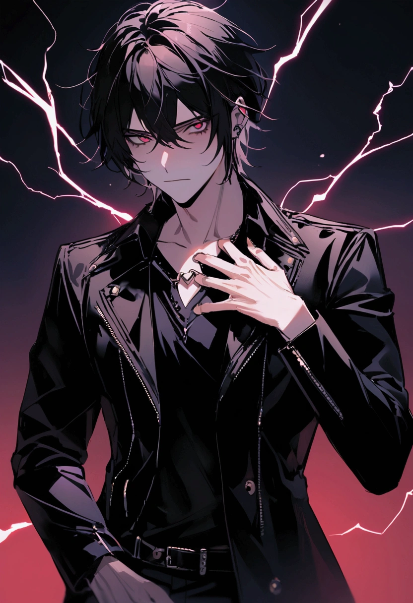 A picture of a man with his hand on his left chest looking like he's having a heart attack.,Wear black like a rocker.,The background is a black sky with lightning strikes.,