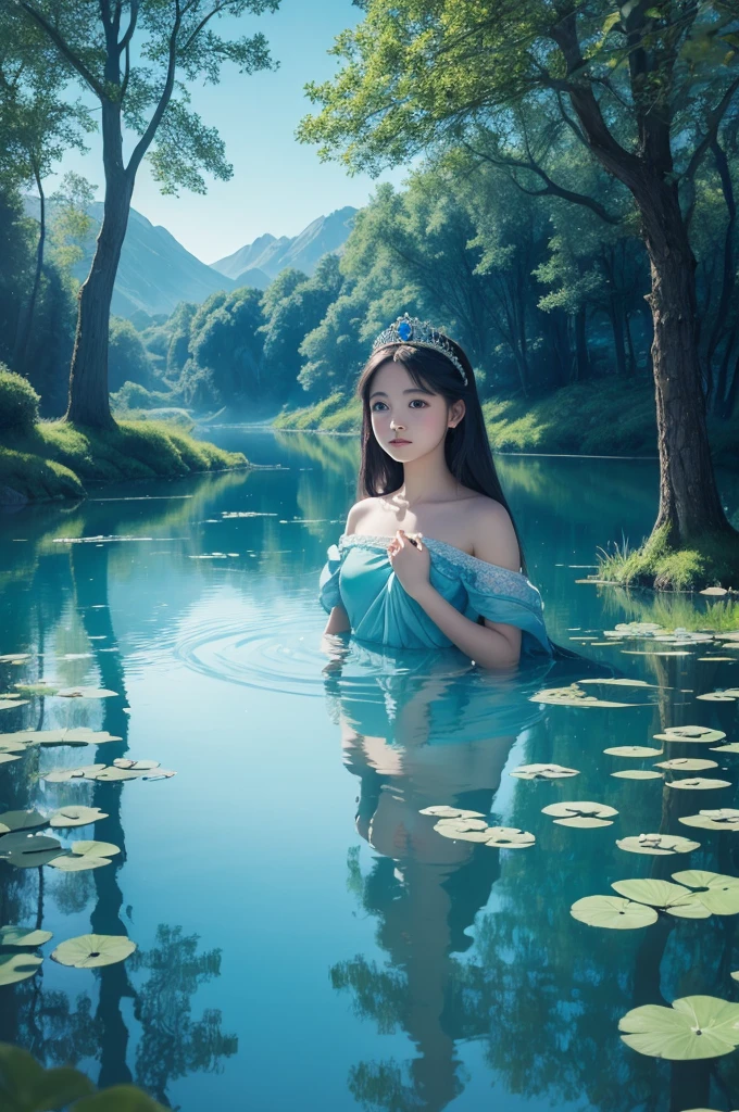 A painting of a young princess at an enchanted lake, in the style of sky blue, with an ethereal, dreamlike quality, fantasy world, lithographic printing.