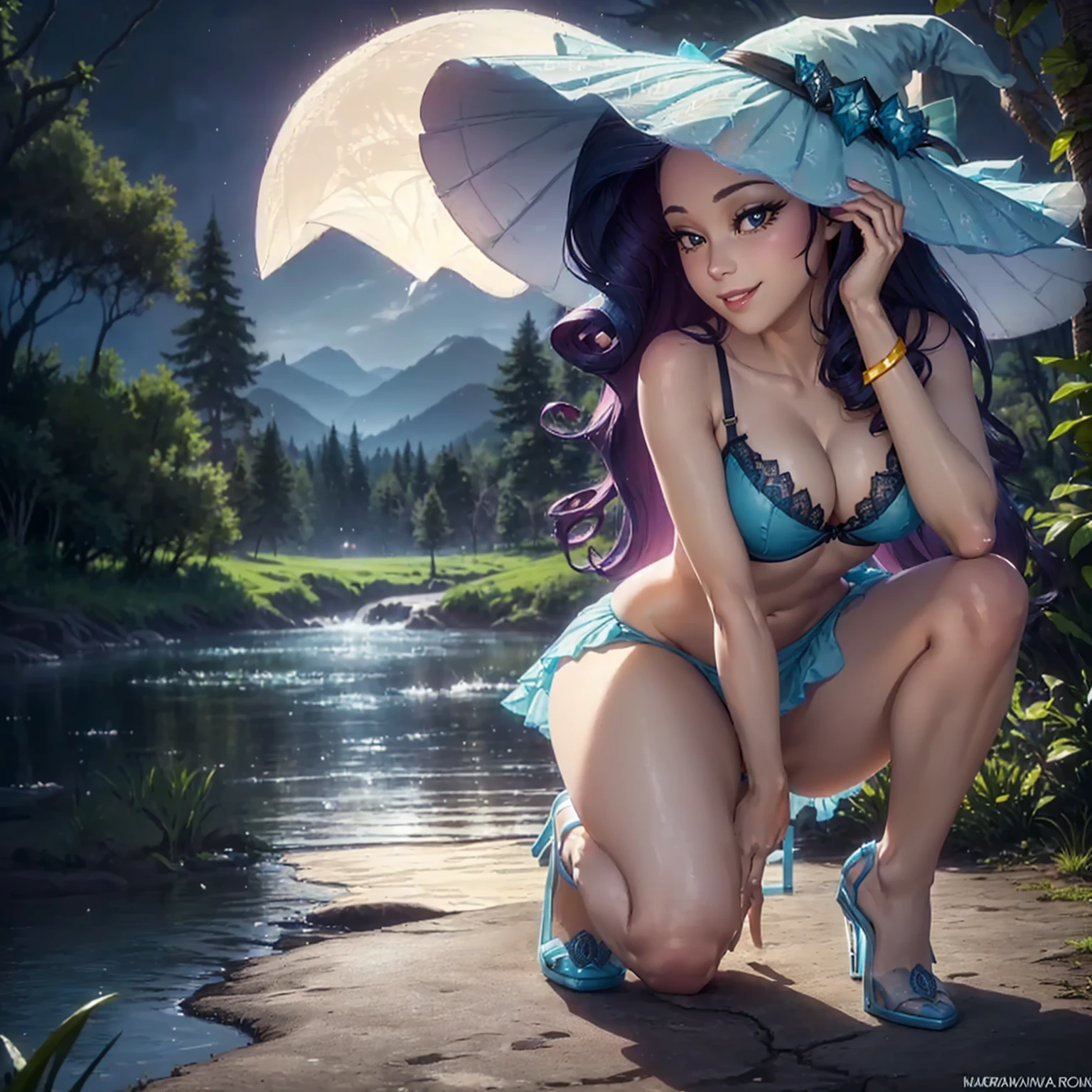 (((beautiful female body))),(((rarity as a sweet charming hot seductive horny model :1.0))), (((very long hair))) ,(((night with big moon))),(((erotic sexy posing next to river ))),(((((wow))))),(((soaked wet))),(((jungle in background))),(((lewd and erotic posing))), (((happy wicked smile))) ,(((wear light blue sheer fluffy lace transparent see through very short bra))) , (((((upskirt view))))),((((( vagina is visible))))) , (((blue lace witch hat))),breasts are visible , (((wear high heels))) , (((full body))),(((bare legs))),bracelets , (((perfect breasts))) , lush breasts , Bulky Breasts , voluminous breasts ,(((peeping the viewer))),(((bare belly))),(((close upskirt view))),(((sharp focus)))
