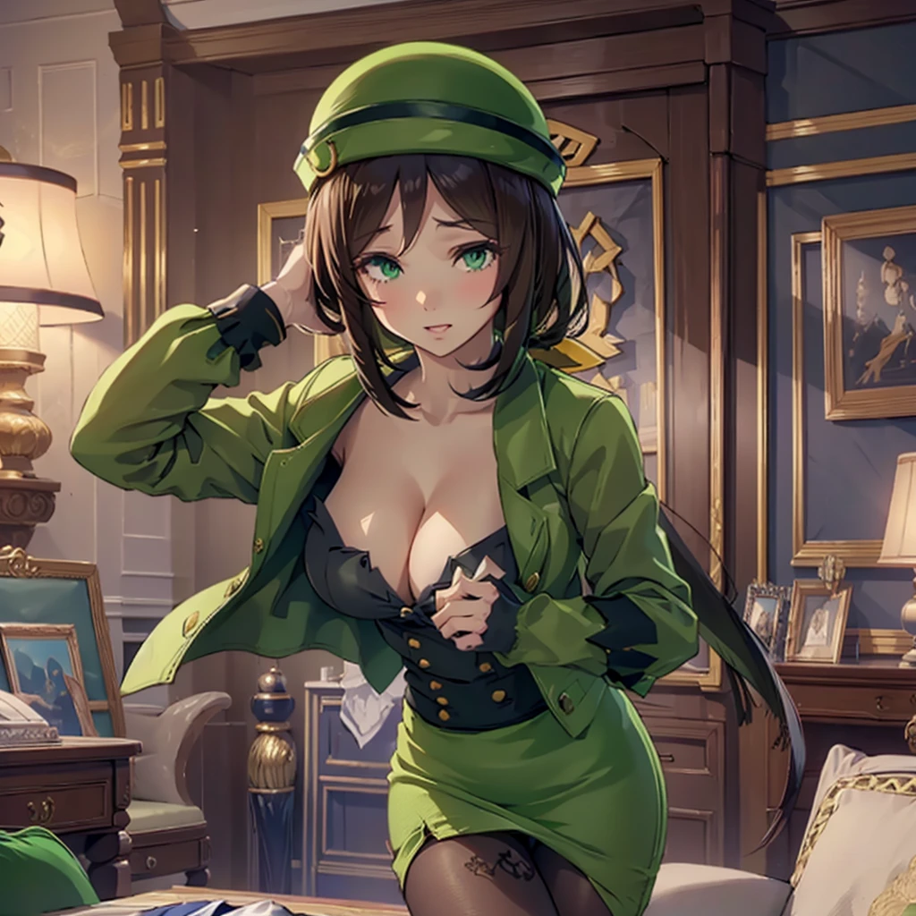 (​masterpiece、top-quality、hight resolution、Unity 8k、extremely details CG:1,Best Picture), A married woman, seductive expression, dressed provocatively, flirting with another man, wedding ring visible, in a cozy, dimly-lit setting. hayakawa tazuna, low ponytail, green headwear, green jacket, green skirt, pantyhose, nsfw, open jacket, ((Emphasises cleavage, Undressing, adulterer, slut)), Faceless male