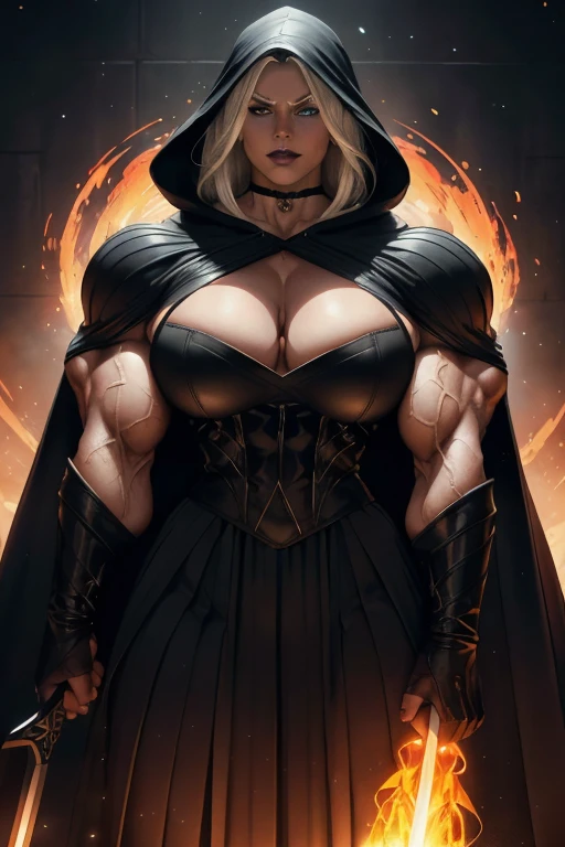 ((Close-up)), tall, (White hair) beautiful muscular woman, long straight hair, light brown skinned, closed smile, big breast, (black lipstick), (massive muscles), (hyper muscle), ((ginormous bulky muscles)), glowing blue eyes, ((black hooded coat and long pleated skirt)), (carrying a giant fire sword), choker, thigh high boots, (Dark and moody universe:1.3)