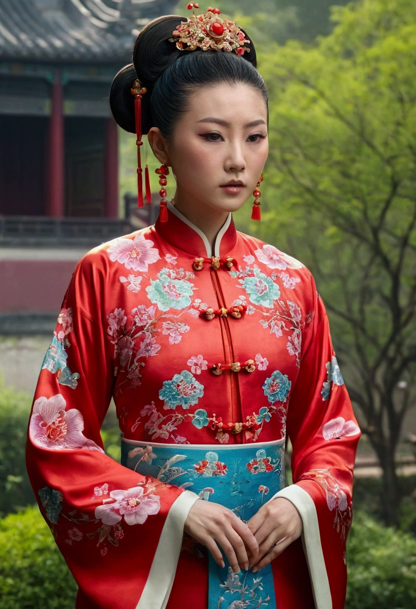 View from the front
In the garden of a Qing Dynasty Chinese palace, a 30-year-old woman wearing a Manchu garment with a flashy red floral pattern, with the Manchu garment open all the way down the front.
Her large breasts are exposed.
Her hairy cunt hair is visible.
Her hair is decorated with large flowers on both sides of her head with fancy flowers, and her hair is tied up and pulled back.