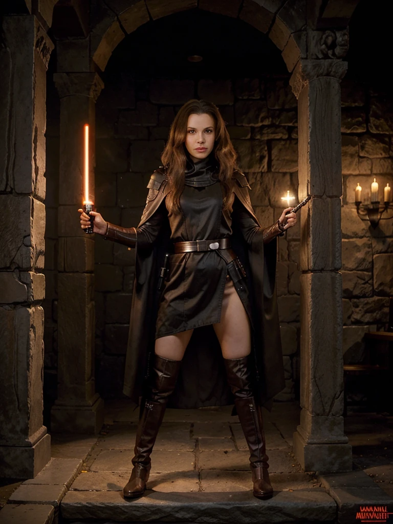 (medium full shot) of (malevolent sith lord) Natalie Portman, human, pale skin, brown eyes, brown hair, wearing a Sith robe, armored Sith tunic, utility belt with pouches, armored Sith boots, flowing Sith cloak, holding red-orange lightsaber and purple lightsaber, smiling at the viewer, set in Sith Ancient Temple, Gloomy chamber with towering stone pillars etched with ancient runes, a massive stone altar at the center, iron sconces with flickering torches, an ornate wooden chest with intricate carvings, weathered stone benches lining the walls , at twilight, star wars universe, Masterpiece,best quality, photorealistic, amazing quality, very aesthetic, extremely detailed face, Solo,