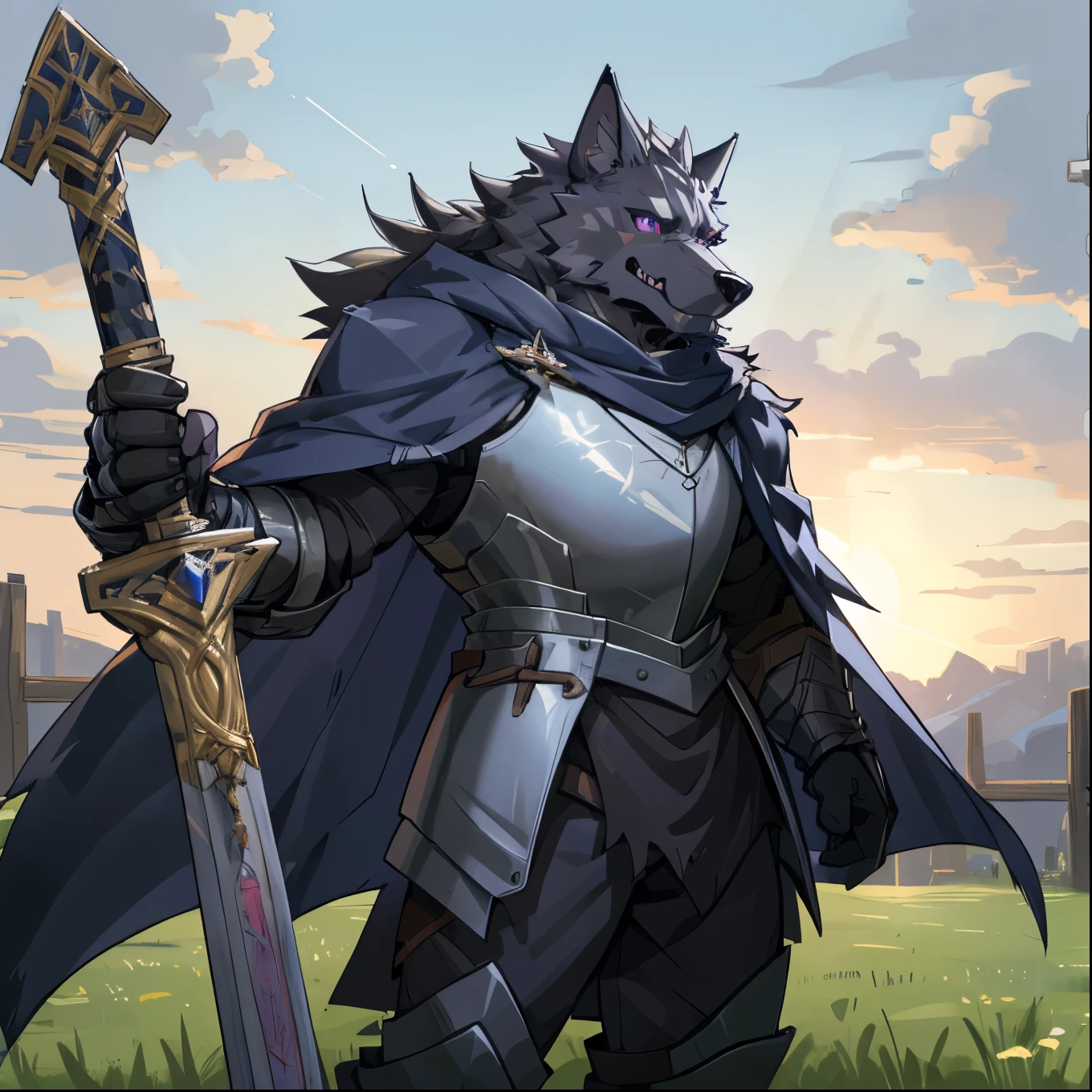 ((best quality, high res, perfect scenario)), Blaaid, wolf, 1male, solo, detailed eyes, gray fur, scar, tail, serious face, purple eyes, black sclera, muscular, dark blue furry coat, armor, in the field, holding  a Great Sword, by K0BIT0WANI, by Zackary911, by Bebebebebe