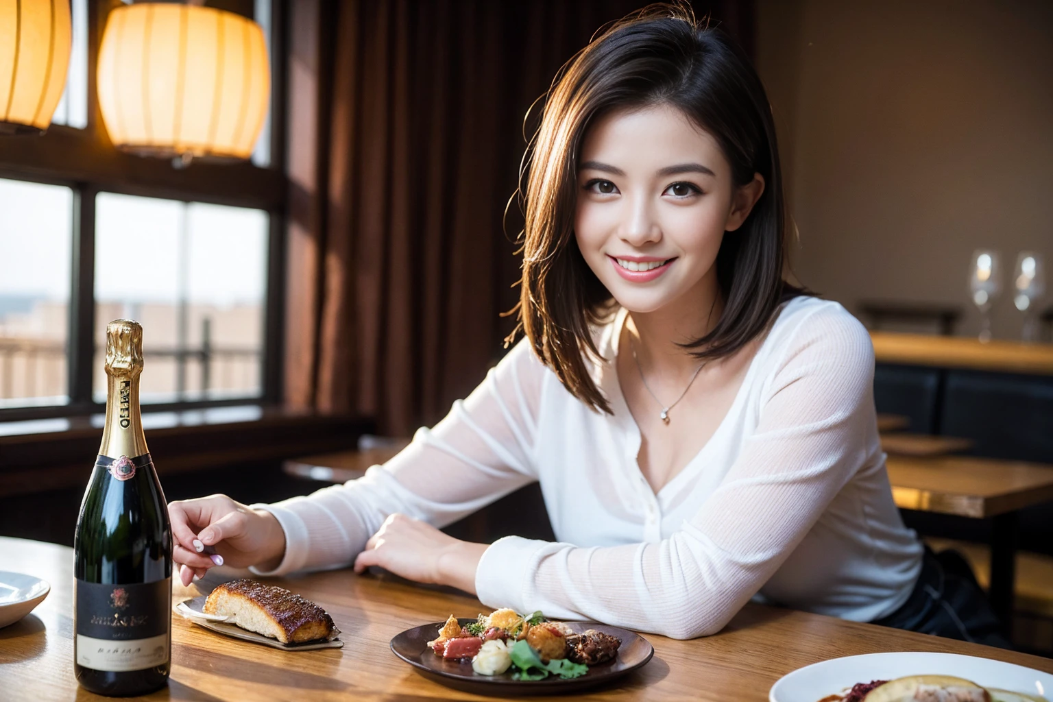 ((Highest quality、8k、masterpiece:1.3))、slimカップル、modelカップル、(Realistic, Intricate details:1.2), full-course dinner、Wine Party、Amazing view of the sunset sky and clouds、A bright smile、The wonderfulness of smile、Bright image、The beauty of wine, Beautiful Face, blue eyes, The light shines on your face, blush, short hair,Bright Face、 (Age 37), 39 years old, red wine 、Appetizers、Italian food、Wine bottle、Champagne、sparkling wine、Two beauties、Brown Hair、Shortcuts、Long sleeve shirt、dress、Beautiful woman 1, (slimな顔), (The body is slim), (Brown Hair), (Shortcuts), cheeks turn a little red,Attractive beauty、restaurant, In a prominent place (From the waist up) Nova Frog Style, actress, model, Upper Body, White wine, slim, wine glass, 中央に置かれたwine glass, smile, (smile: 1.15), Beautiful fine grain, Depth f/2,saturation, High Contrast, Strong light and shadow,Moist Body:1.5、3D texture、Delicate eyes、Brown Hair、The hair is very shiny、