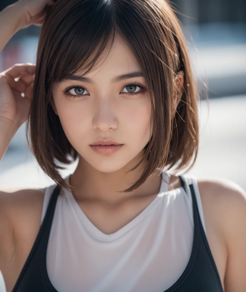 high quality picture, masutepiece, detailed hair texture, Detailed skin texture, Detailed Cloth Texture, 8K, Add fabric details, ultra detailed skin texture, ultra detailed photographic, Skin pores, Portrait of a girl, Wear a tank top, Add cloth details, High Ski...