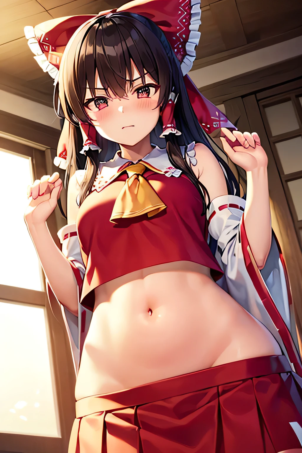 super fine illustration, vibrant colors, masterpiece, sharp focus, best quality, depth of field, cinematic lighting, ultra detailed, blush, belly button, navel , tummy, shrine maiden, hakurei reimu, 1girl, hair bow, ascot, hair tubes, detached sleeves, looking down, red shirt, red skirt, very long curly hair, very messy hair, dark brown hair, indoors, mature woman, ,hakurei reimu, 1girl, hair bow, ascot, hair tubes, miko, detached sleeves, Reimu Hakurei, long skirt, medium breasts, angry,
