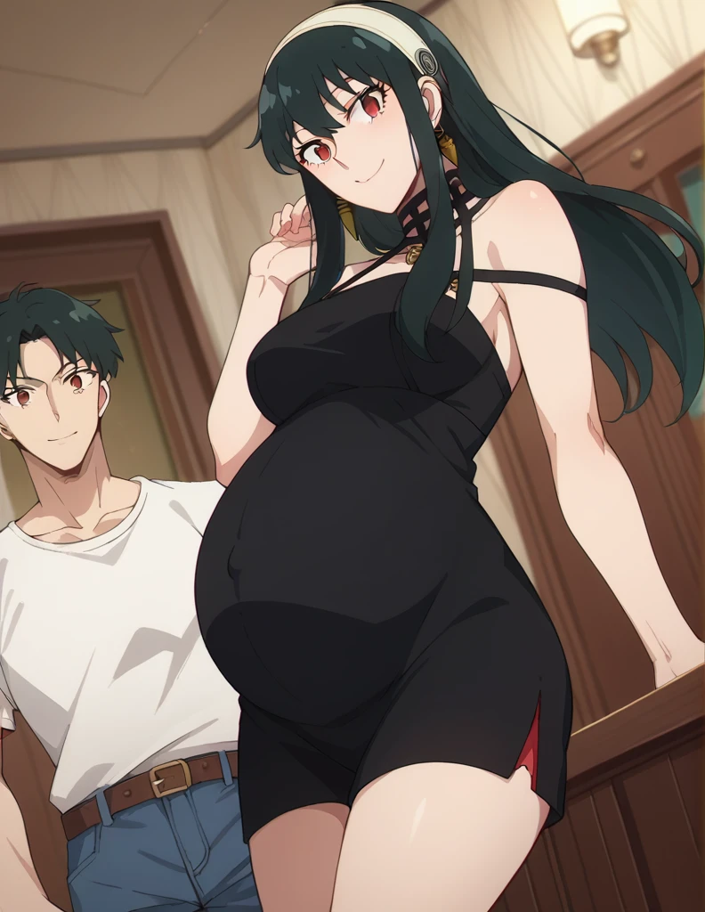 score_9, score_8_up, score_7_up, source_anime,
yorbriar, yor briar, black hair, red eyes, earrings, white hairband, hairband, long hair, sidelocks,
bare shoulders, dress, shorts, thighs,
indoors, smile, belly
looking at viewer, dutch angle, cowboy shot, pregnant 