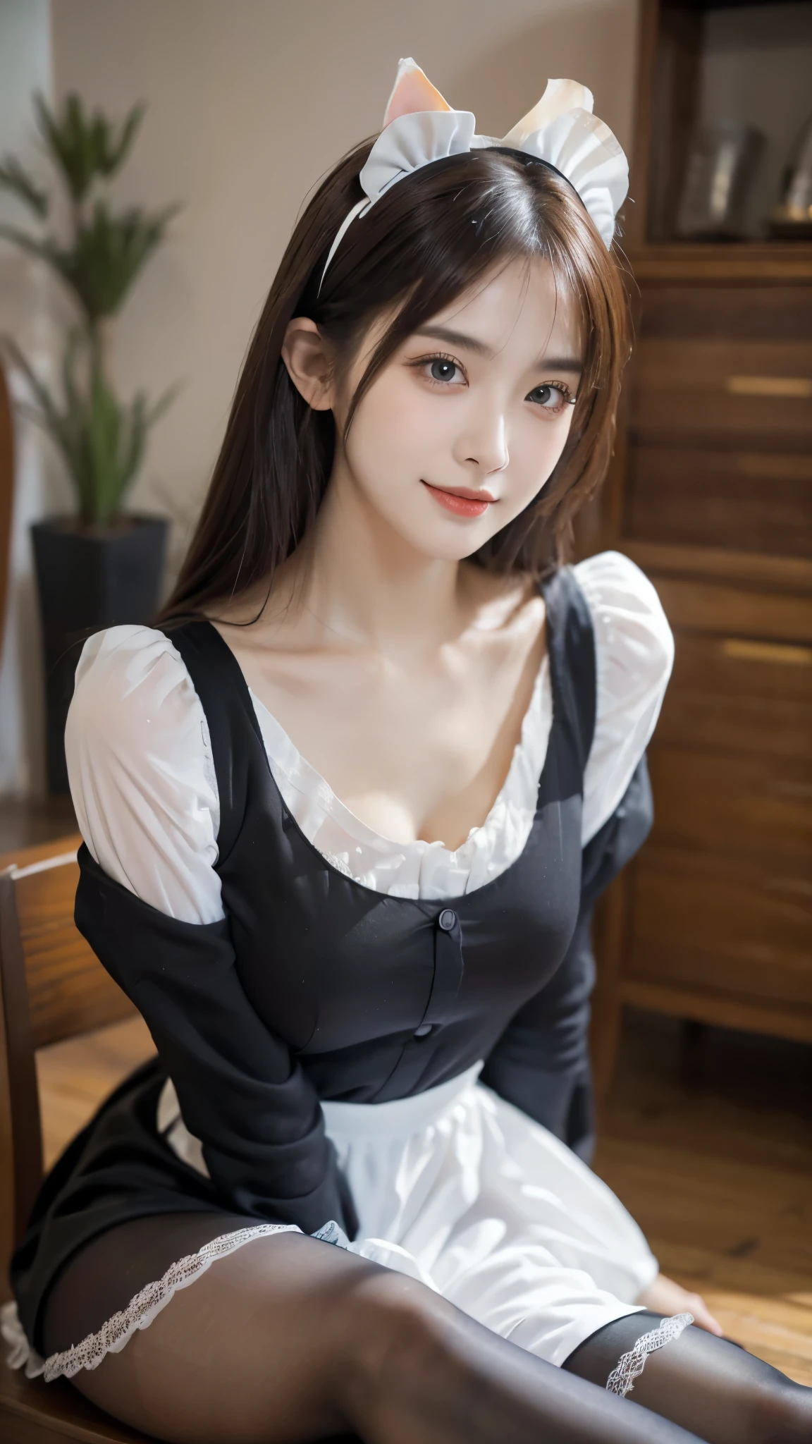 masterpiece, The best quality, Ultra-high resolution, High detail photo, Unity 8K Wallpaper, Extremely detailed CG:1.2), depth of field, bokeh, (RAW photo:1.realistic photography:1.4), (1girl:1.5), young, physically based representation, beautiful, (Finely detailed face:1.4, detailed clothing), (detailed:1.4) named (Eimi Fukada:1.1) BREAK Cara hermosa, depth of field, Add layer, hyperrealistic, 27 years old, perfect body model, perfect breasts, 175cm tall, pose sexy, full body, Whole body, Model Body Type, BREAK (extreme skin details:1.1), skin details, (maid attire, black pantyhose, high heels, maid:1.3), double eyelid BREAK smile, seductive pose, sitting, sitting inside, sitting on a chair, Santorini house, indoor, Mediterranean style, (living room:1.3), (close up:1.3), (cat ears:1.1)