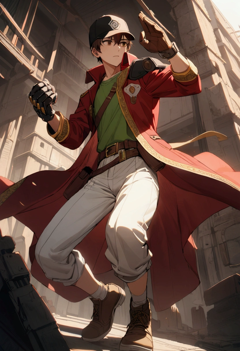 20 year old boy, short brown hair, black baseball cap with white patch on front, brown eyes, green shirt, red long coat overtop, Power Glove on right hand, brown shoulder strap, brown belt with pouches, white pants with yellow stripe on side, shoes