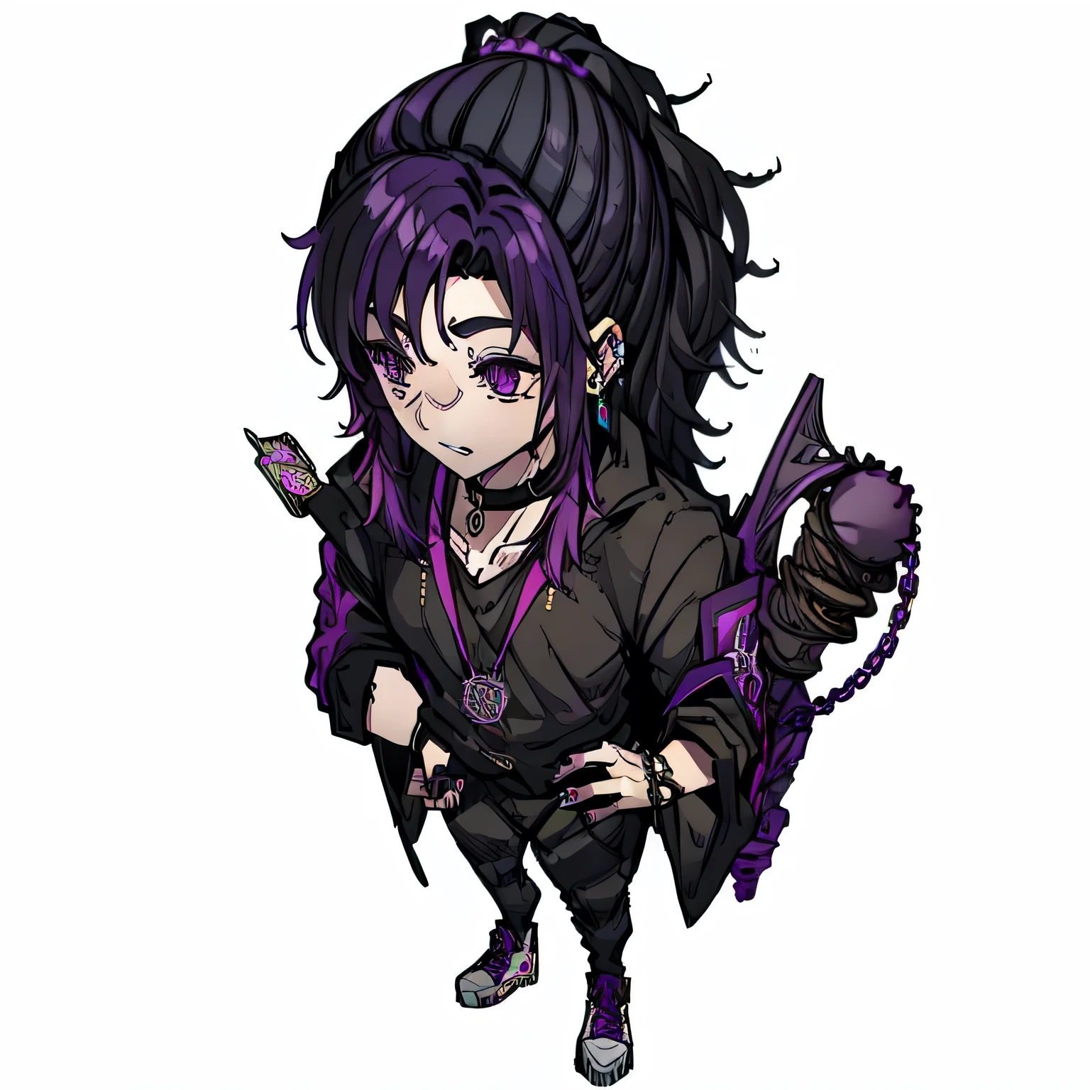 Kizi, 20 year, short wavy hair, purple hair on the back of the neck, ear piercing, black leagwear, purple all star tennis shoes, necklace with a moon pendant, rings on the right hand on the index and ring fingers.