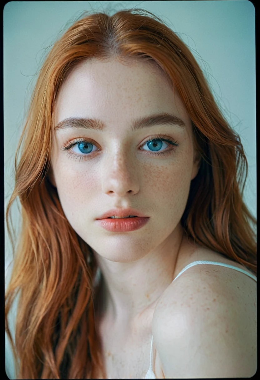 photoshoot, photo studio, RAW photo, editorial photograph, film stock photograph, cinematic, posing, amateur photo, face portrait, og, raw, f2, 35mm, an (amateur photo), flash photography, taken on an old camera, polaroid, 8k, highly detailed, (high quality, best quality:1.3), Extremely high-resolution, film grain, very long hair, picture of a beautiful young woman, NOT dasha_taran, sfw, ((natural orange hair)), long (waist-length:1.2) combed red hair, ((macro lens)), natural, ((focused on eyes)), blue eyes, ultradetailed realistic eyes, feminine expressions, photography, dslr, 35mm, Fujifilm Superia Premium 400, Nikon D850 film stock photograph, Kodak Portra 400 f1.6 lens, 8k, UHD, european woman, realistic skin, skin pores, (whole head, do not crop head), whole head is visible, detailed background