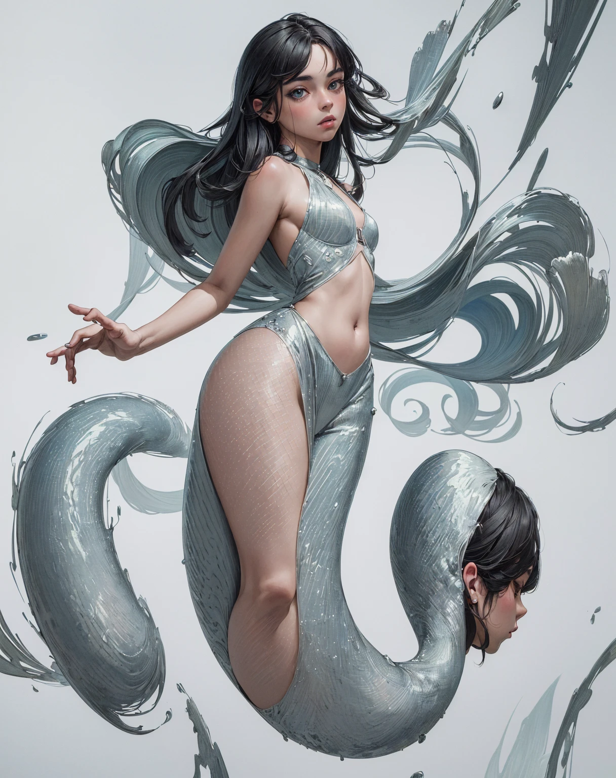 (masterpiece, best quality, ultra detailed, absurdres:1.5), 1girl, (selkie), (full body, hdr, Digital Art, OP Art, Realism, 3D Rendering, High Resolution, Hyperrealism, OP Art, real hair, black hair, thick girl ,