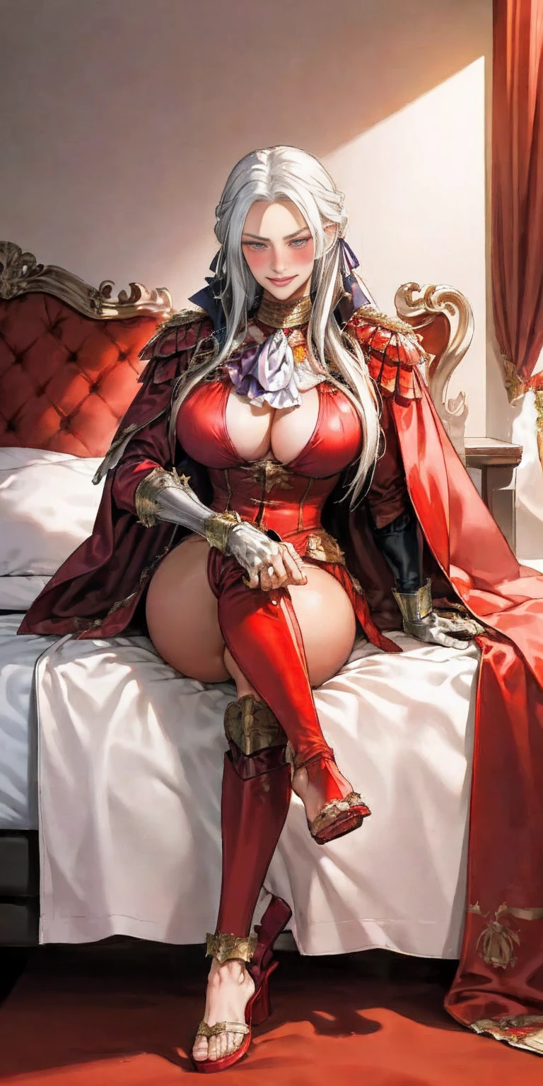 masterpiece, best quality, Edelgard von Hresvelg, purple eyes, hair ribbon, red cape, black jacket, yellow bikini with metal sandals, ascot tie, red gloves gauntlets, full body sitting on bed, sitting, portrait, looking at viewer, furrowed brow, smile red blushed, crossed arms, bedroom background