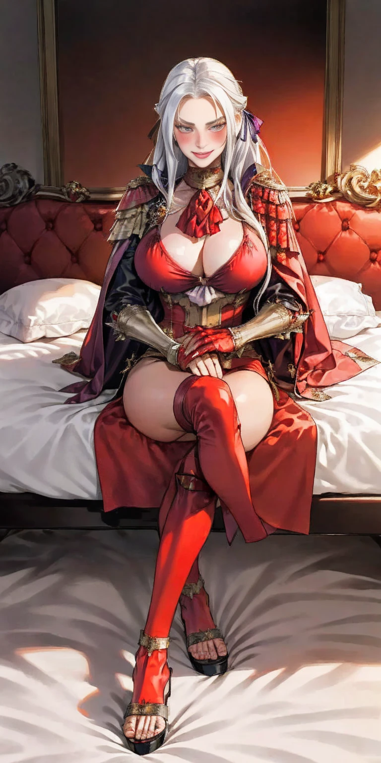 masterpiece, best quality, Edelgard von Hresvelg, purple eyes, hair ribbon, red cape, black jacket, yellow bikini with metal sandals, ascot tie, red gloves gauntlets, full body sitting on bed, sitting, portrait, looking at viewer, furrowed brow, smile red blushed, crossed arms, bedroom background