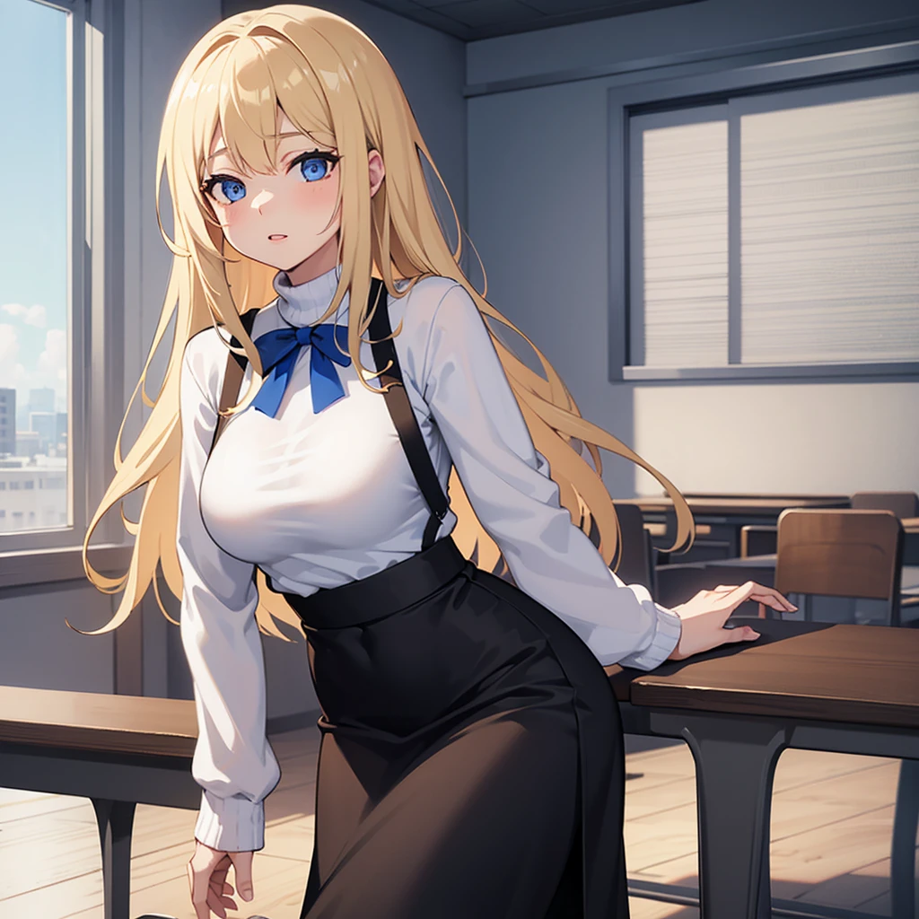 woman, blonde hair, blue eyes, white sweater, long black skirt,in classroom,big bobbies