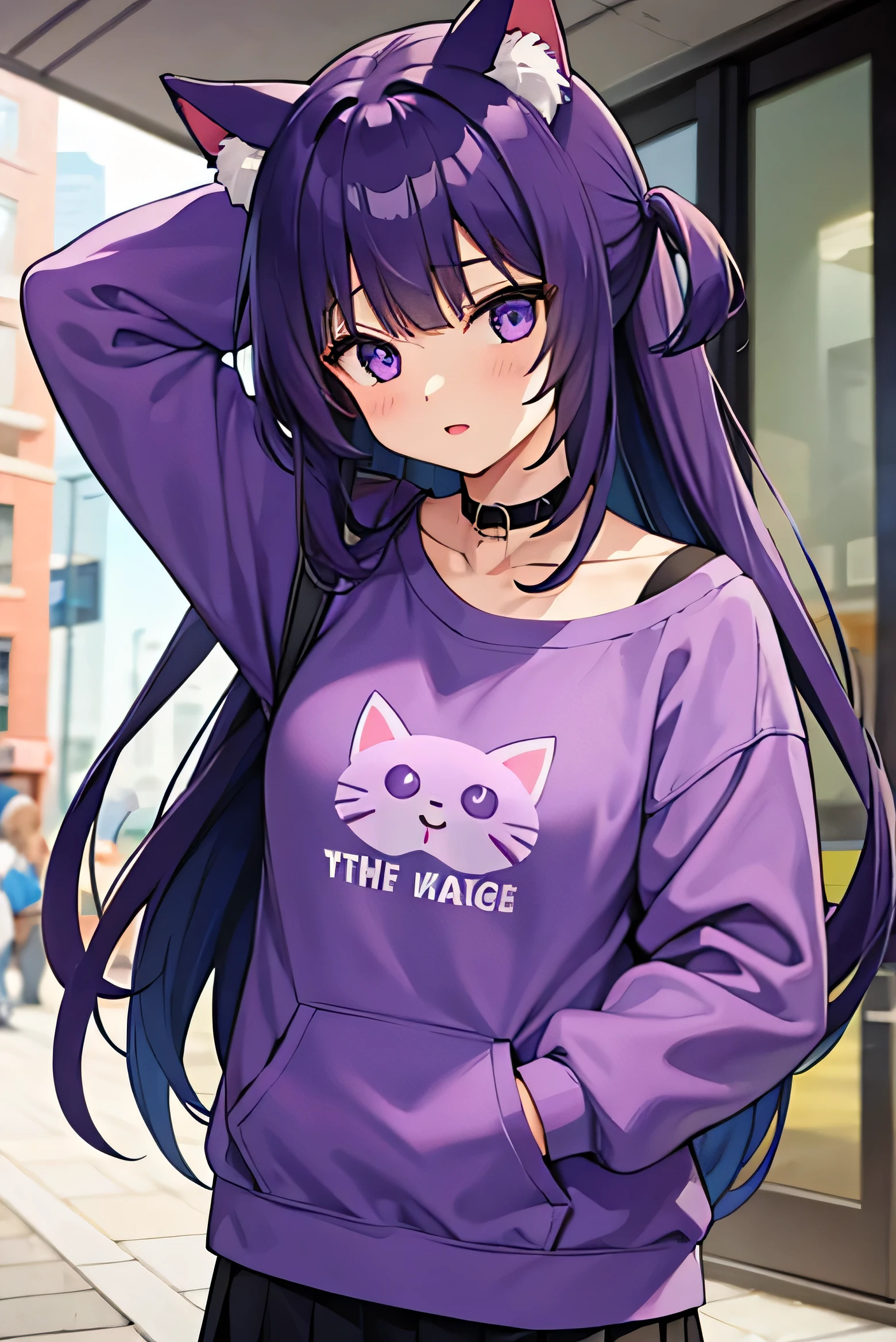 Girl with purple cat ear sweatshirt