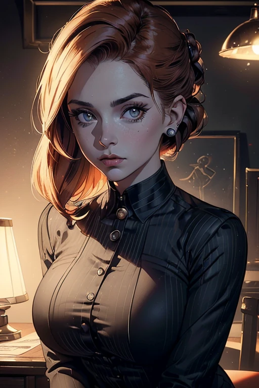 Una impresionante pintura digital de dana scully., (Full height shot:1.4), realist, masterpiece, Best Quality, high detailed, (As X-Files FBI agent, dana scully, Imagine her in a striped pantsuit., tucking her short hair behind her ear while leaning over a wooden desk, Examining documents in a dimly lit office.. is great, Very detailed, high-resolution masterpiece should encapsulate her inquisitive nature and expert analytic proficiency, becoming a fascinating work of art in a gloomy environment, Calidad 8k magníficamente nítida.:1.3),(in the style of Scott Campbell and Stan Lee:1.1), Science fiction character art, Science fiction art, cinematographic art, comic art, vibrant high contrast, trend on instagram, dramatic lighting, ambient occlusion, volumetric lighting, ceñudo, deviantart, hyper detailed illustration, 8k, Magnificent lighting, vampire technology, Science fiction, (Full height portrait:1.8),(Retro-inspired victory rolls that add height and drama to the hairstyle..:1.2)
