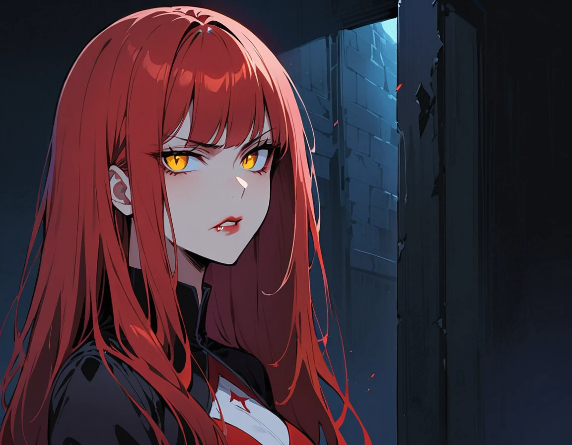 Long red hair, yellow eyes, evil, sexy, black and red clothes, cute hairstyle, evil face, evil, from the side, serious look, slighlty angry expression, gloss lips, sinister, bloody, gloves, full body, portrait, beautiful eyes, short dress, big white, dark place, night, sensual, straigh hair cut, clear skin, evil, young 30 years girl, adult girl, solo, red, very long hair, 