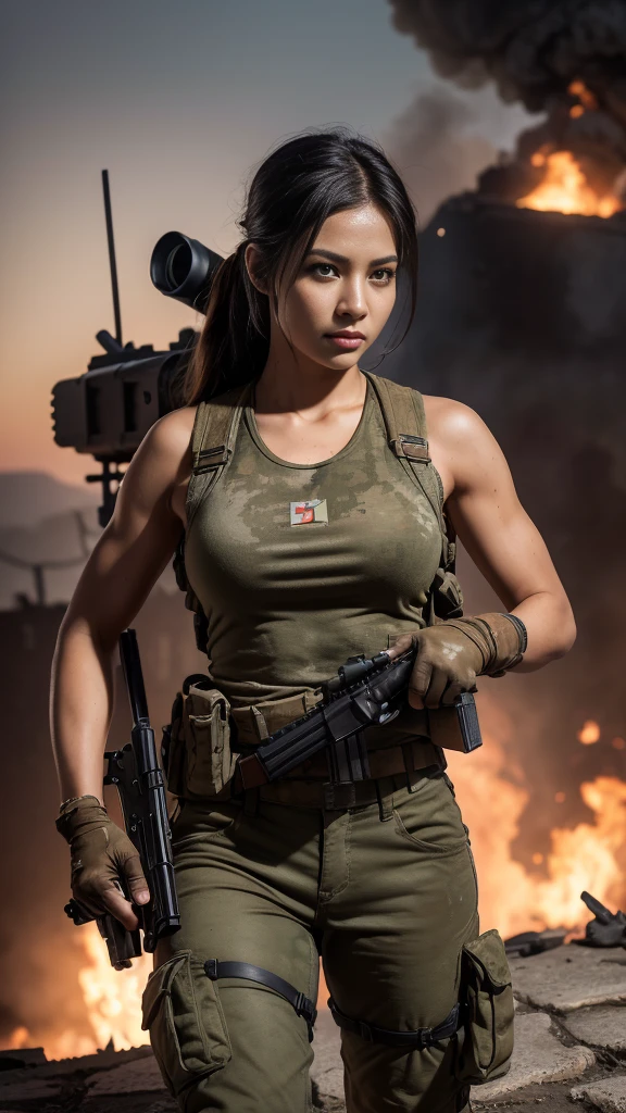 (8K, Raw-Photo, best qualtiy, tmasterpiece:1.2),(realisticlying, photograph realistic:1.4),(Highly detailed CG unity 8k wallpaper),(Round face: 1.5), (detailed pupil:1.3),(Cool Eyes:1.1),(little smile:1.1),(Unforgettable Eyes:1.1),(The eyes are so beautiful:1.1),
24yo, Korean Woman, tanned, bronze skin, Clothed U.S. Marine Corps Uniform, Fighting on the battlefield, strong muscles, world war, Modern War Theme,Army Girl, assault rifle, (holding rifle: 1.3), (Aim and hold the rifle.: 1.3), very beautiful italian military girl, Infantry Girl, Shootout, air raid, air raid, Military, Green military tank top, Burning Vehicles, Warzone, battlefield, karo, ruins, explosions, The Burning City, smoke, Torn tank tower, navels, glove, Ripped military pants, A face stained with mud and blood, skin wet with sweat, bloody skin, Skin stained with mud, tiny, cleavage, Expressions of Determination, Strict wording, Highest Quality, The ultra-Highres, absurdities, realisitic, physics based rendering(physics based rendering(Physically Based Rendering)), Cinematic lighting, Complex and cinematic appearance,Cinematic Soft Light, soothing tones, Battlefield Background, city war background, Photorealistic, cowboy shots, Dynamic Angle,Jeep parked on a brick road in the parking lot, Jeep Wrangler, jeep, Front Profile, 🦩🪐🐞👩🏻🦳, Front profile shot, Mahindra Tar, electric wires, 8K!!, stunning masterpiece, Fuji Lead, Full Front, 2 0 1 9, 2019, Soft Top, making: Tom Carafique, large breast, aiming gun like sniper
