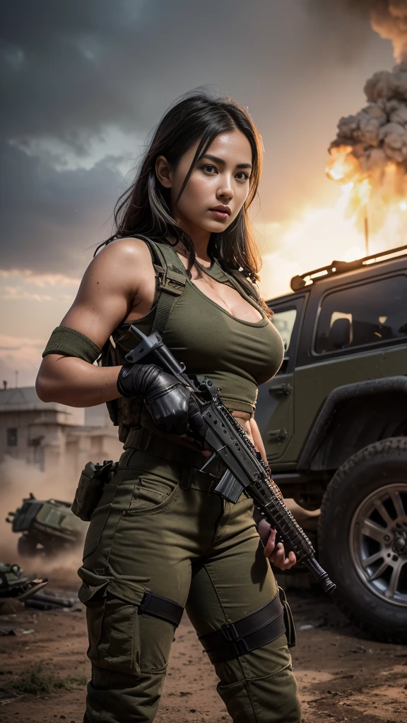 (8K, Raw-Photo, best qualtiy, tmasterpiece:1.2),(realisticlying, photograph realistic:1.4),(Highly detailed CG unity 8k wallpaper),(Round face: 1.5), (detailed pupil:1.3),(Cool Eyes:1.1),(little smile:1.1),(Unforgettable Eyes:1.1),(The eyes are so beautiful:1.1),
24yo, Korean Woman, tanned, bronze skin, Clothed U.S. Marine Corps Uniform, Fighting on the battlefield, strong muscles, world war, Modern War Theme,Army Girl, assault rifle, (holding rifle: 1.3), (Aim and hold the rifle.: 1.3), very beautiful italian military girl, Infantry Girl, Shootout, air raid, air raid, Military, Green military tank top, Burning Vehicles, Warzone, battlefield, karo, ruins, explosions, The Burning City, smoke, Torn tank tower, navels, glove, Ripped military pants, A face stained with mud and blood, skin wet with sweat, bloody skin, Skin stained with mud, tiny, cleavage, Expressions of Determination, Strict wording, Highest Quality, The ultra-Highres, absurdities, realisitic, physics based rendering(physics based rendering(Physically Based Rendering)), Cinematic lighting, Complex and cinematic appearance,Cinematic Soft Light, soothing tones, Battlefield Background, city war background, Photorealistic, cowboy shots, Dynamic Angle,Jeep parked on a brick road in the parking lot, Jeep Wrangler, jeep, Front Profile, 🦩🪐🐞👩🏻🦳, Front profile shot, Mahindra Tar, electric wires, 8K!!, stunning masterpiece, Fuji Lead, Full Front, 2 0 1 9, 2019, Soft Top, making: Tom Carafique, large breast, aiming gun like sniper
