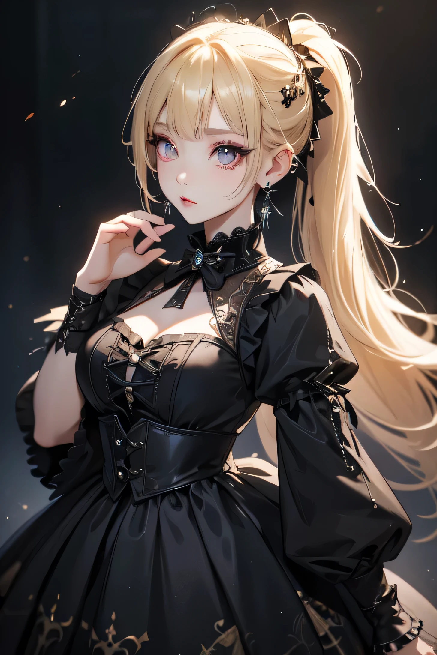 High quality picture, masterpiece, 4k. luminous, reality, blonde ponytail,, wearing shiny gothic dress, punk, wearing lots of accessories, earrings,
, big eyes, lame punk eyeshadow,