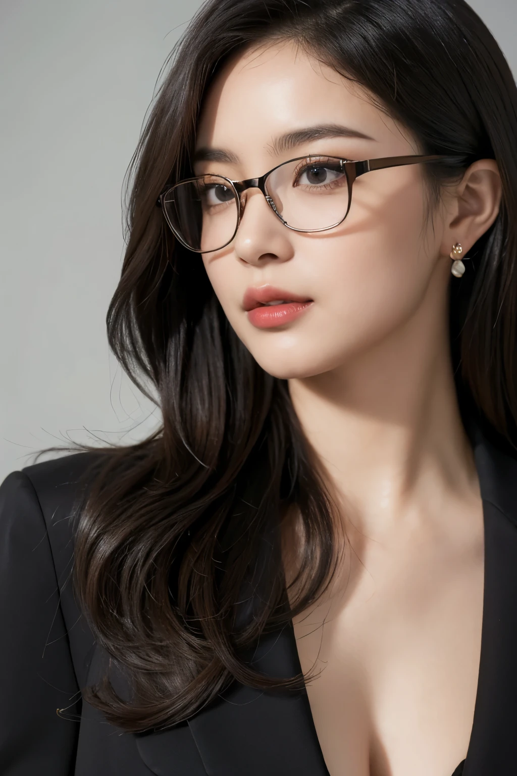 (masterpiece, Highest quality: 1.2), Secretary with 1 wavy hair,Sexy Eyes,Glasses,Head close-up,Expression of kiss,Plump and sexy lips, ,Earrings((Black business clothes)),Perfect natural breasts,8k