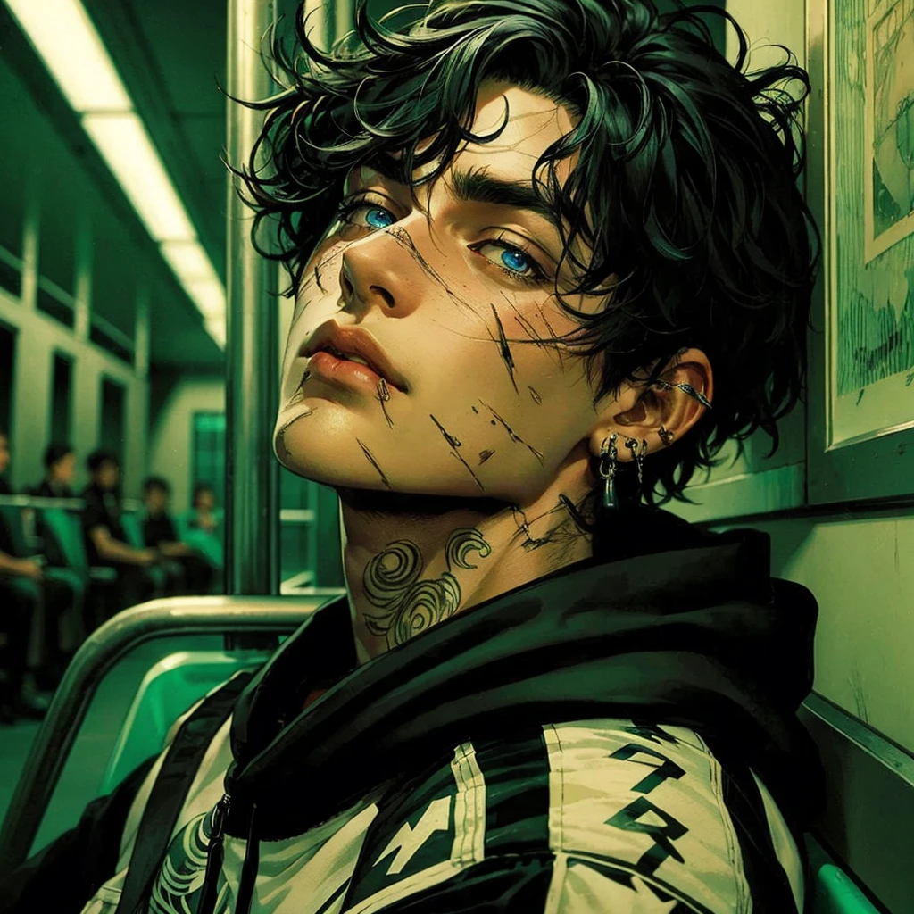 a serious young man with black hair, electric blue eyes, striking gaze, fair skin, wearing a sleeveless black shirt, abstract background with warm and gray tones, (best quality, 4k, 8k, highres, masterpiece:1.2), ultra-detailed, (realistic, photorealistic, photo-realistic:1.37), chiaroscuro lighting, dramatic contrast, cinematic composition, moodylighting, moody atmosphere