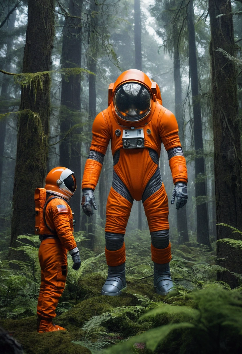 best quality, imposing, epic scene, astronaut in orange suit looking face to face with a giant alien with completely gray body color in a dense forest
