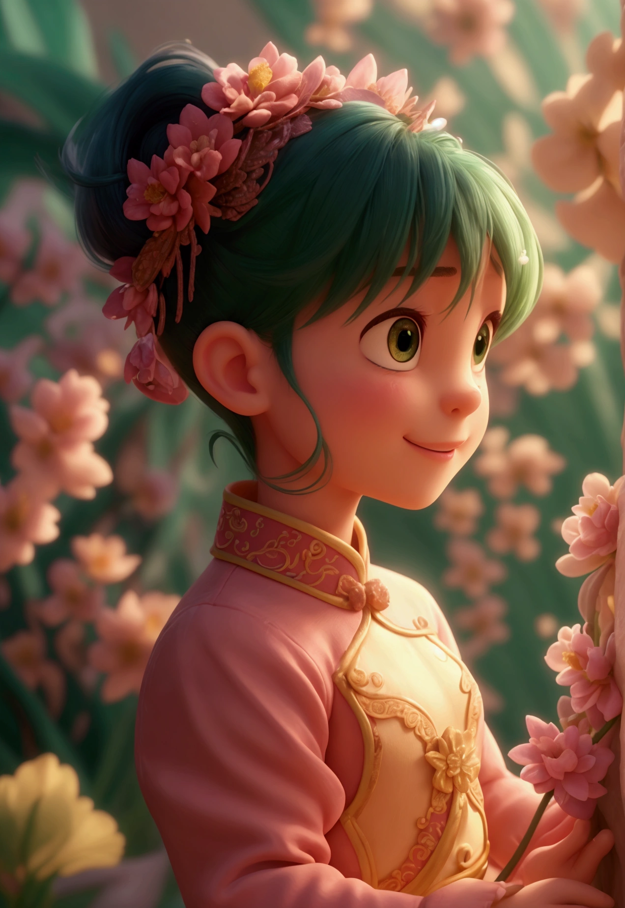 An 8-year-old little Qinglong,
Slender body shape,Pointy little nose,Friendly expression,green body,Large slightly blue wings spread and fly,happy,front,side,Multiple different perspectives--ar16:9