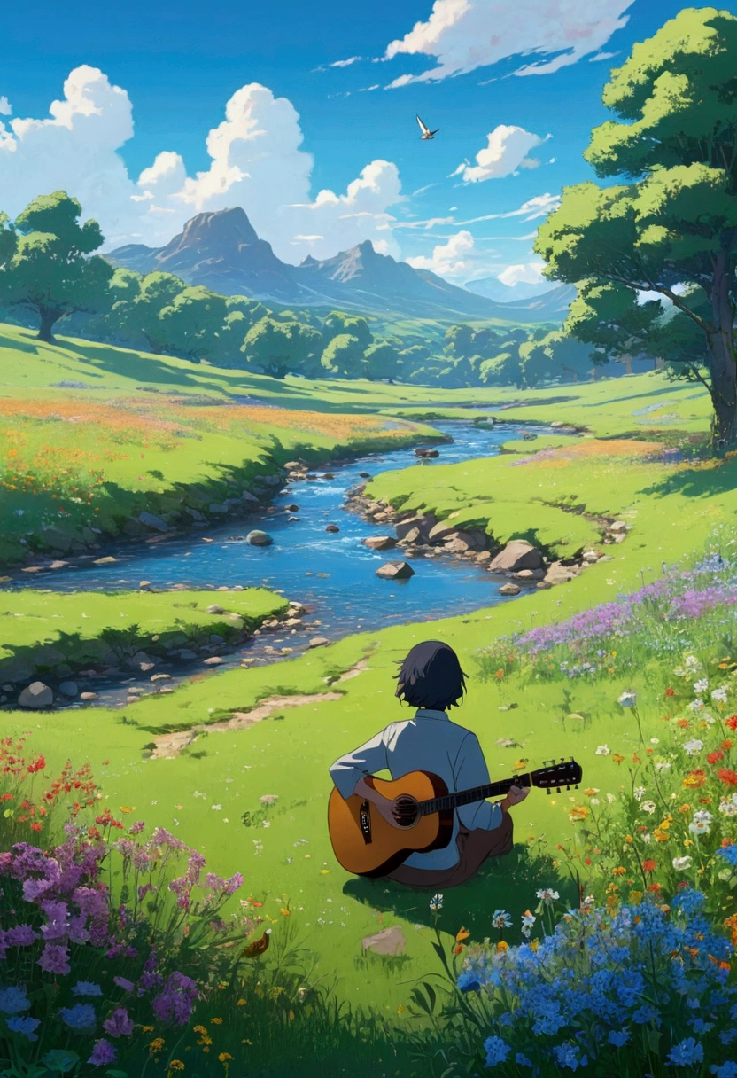 Anime Lofi 2d picturesque meadow with wildflowers in full bloom, a gentle stream running through it, and a person sitting on a rock playing an acoustic guitar. Birds are flying overhead, and the sky is clear and blue
