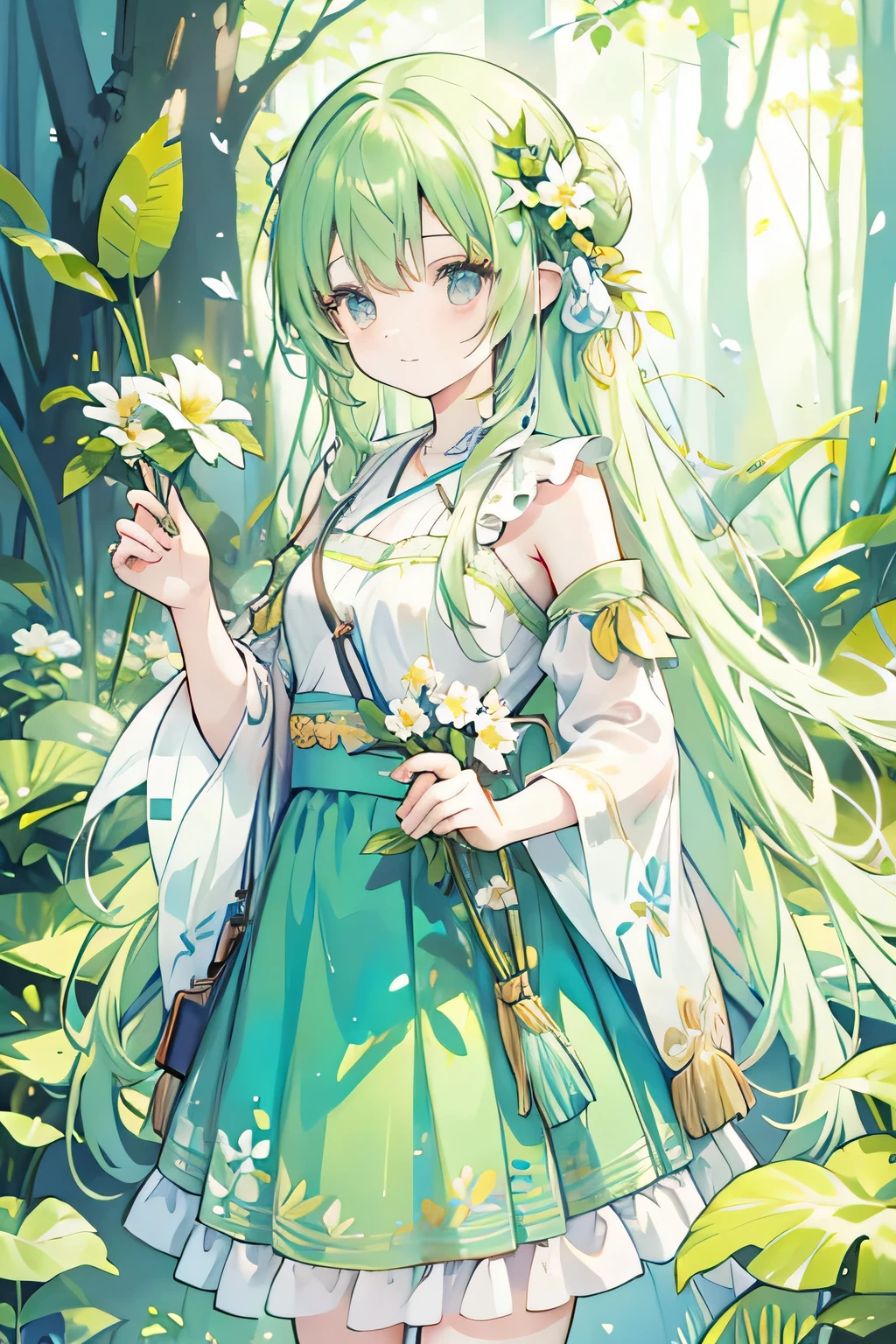 Fairy in the forest,Wearing a grass skirt,Lots of flowers and plants next to it