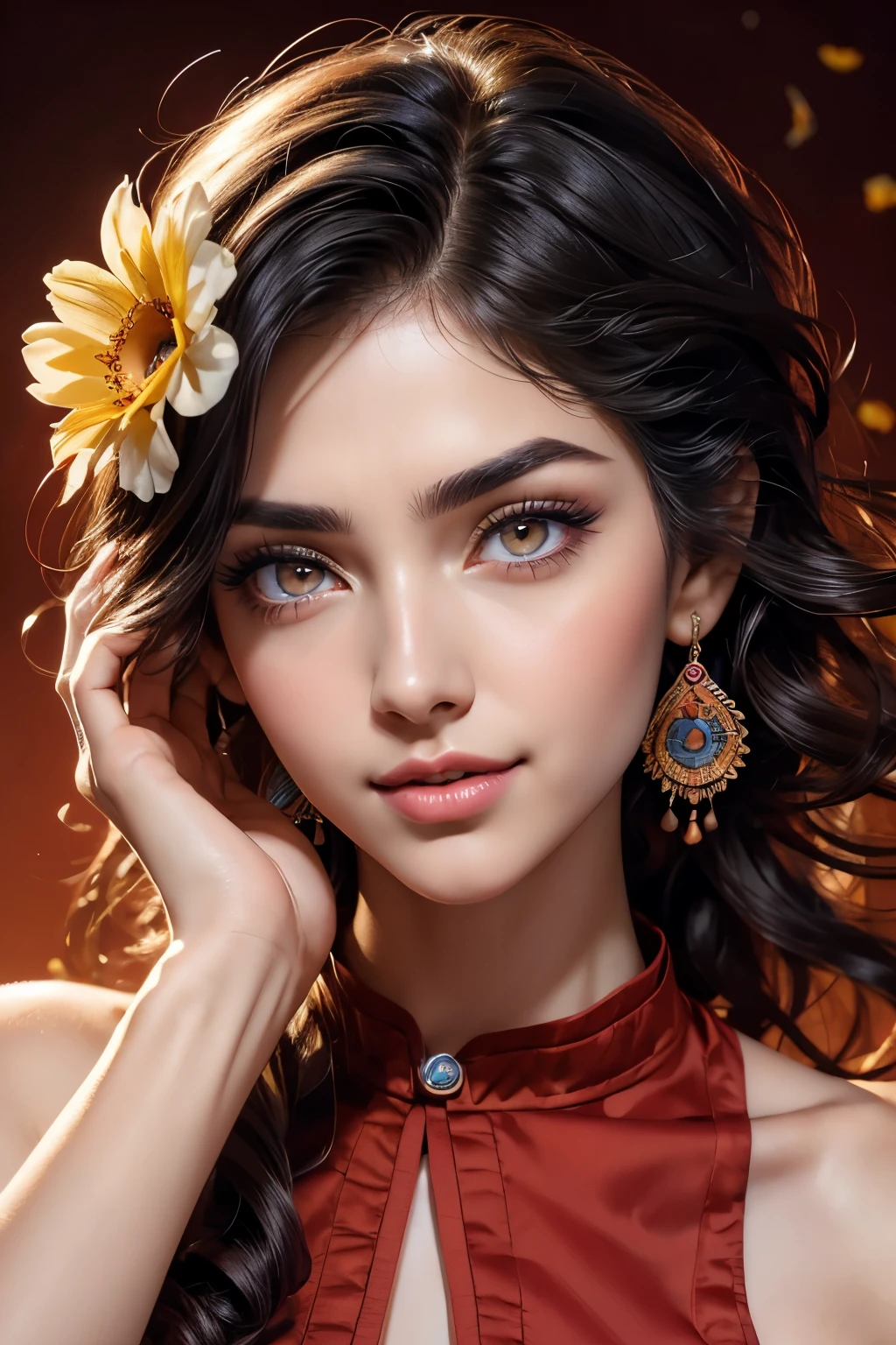 score_9, score_8_~ over, score_7_~ over, score_6_~ over, classification_clear, 1 girl, ((25 years:1.2)),(best quality,high resolution,Ultra - Detailed,In fact), farm girl, (native sakha girl:1.4), adult, full lips, big bright eyes, (Native sakha) ,(native sakha flowers:1.4), (facial details: 1.5, bright RED eyes, beautiful face, pretty eyes, iris coating, Small lips: 1.5, slim body, pale and sharp eyebrows, long, dark eyelashes, double tap),(Perfect hand detail : 1.4 ), full body, hands behind, RAMONA FLOWERS, traditional indian clothing., smile happy