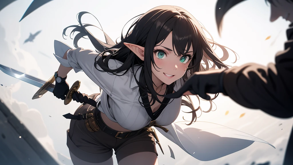 (work of art, best qualityer, ultradetailed, high resolution, 4K),(beautiful and detailed eyes),(very highly detailed face),(1 girl),HDR, long hair, medieval brown shorts, greeneyes, chestnut hair, long hair , a white streak, elf ear, black gloves, Elven costume, warrior, magician, jewelly, clock, lips, focus only, glaze, White background, ssmile, wristwatch, realisitic, Look at sagas, Fighting position, short sword in left hand, rapid movement.