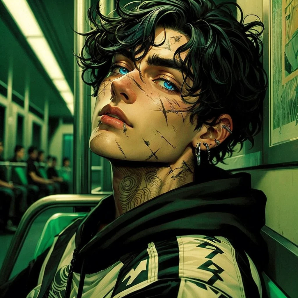 a serious young man with black hair, electric blue eyes, striking gaze, fair skin, wearing a sleeveless black shirt, abstract background with warm and gray tones, (best quality, 4k, 8k, highres, masterpiece:1.2), ultra-detailed, (realistic, photorealistic, photo-realistic:1.37), chiaroscuro lighting, dramatic contrast, cinematic composition, moodylighting, moody atmosphere