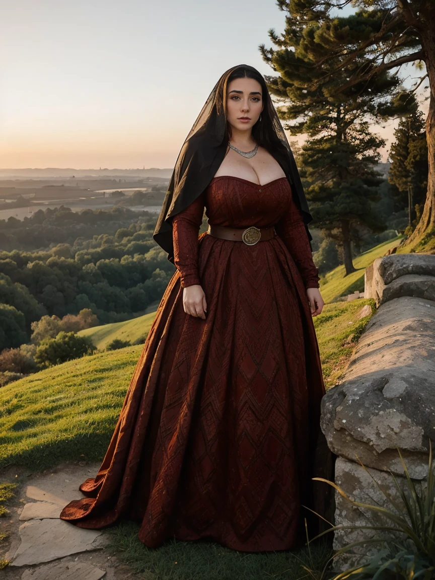 Gorgeous and sultry busty athletic (thin) brunette queen with sharp facial features wearing a modest updo, dark red medieval dress, long sleeves, intricate patterns, scrollwork, wide neck, crown, veil, long dress, modest dress, tight bodice, silver belt, (waist chain), medieval jewelry, Middle Ages, castle, rampart, wall, exterior, on top of a castle wall, trees, countryside, evening, sunset.