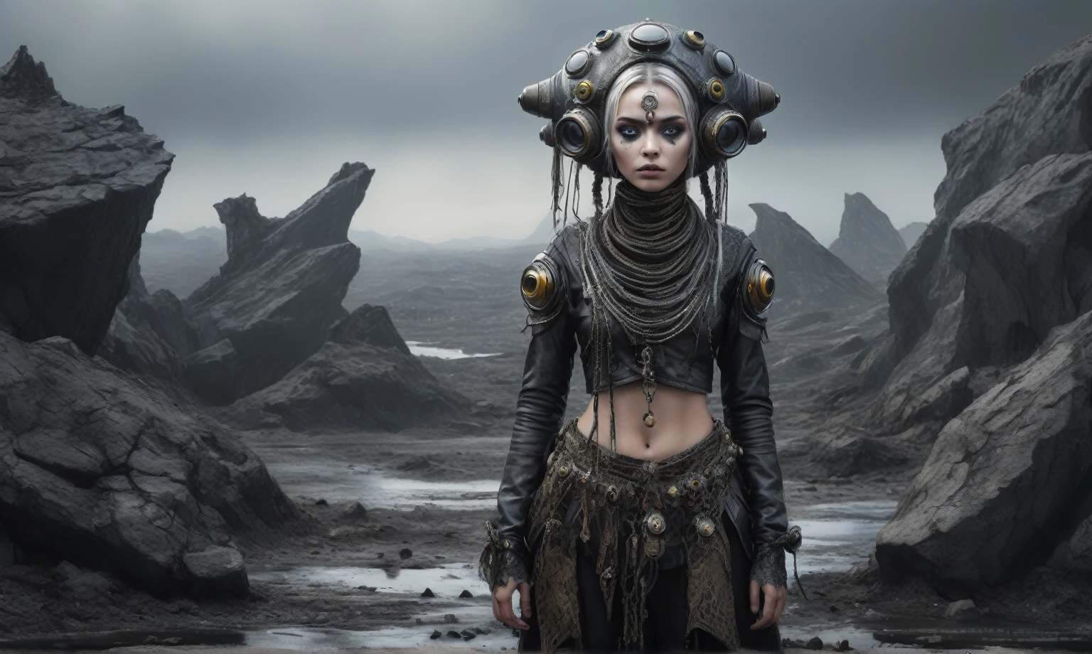 graphite old witch,after a psychiatric clinic,battlefield,winter,intricate landscape,slate grey atmosphere,glare eyes,film grain,,faded,snake eyes extremely detailed, high detailed eyes,16k resolution,RAW, Nikon Z9,full-body-shot,view from height,vampire,babygirl,native african,lovely face,jealous,another world,ring of truth,French Braid with a Twist,view from height,babygirl 10 yo,once pretty face,eyebrow up,full body shot,ominous landscape,glate gray atmosphere,by art Simon Stalenhag,Nicola Samori,(((Wangechi Mutu))),full body length shot,nerd graphite Alien Entity,native africa slave ,azctec Finnish Lapland,Cinematic,soft colors, Technicolor,natural skin textures, hyper realism, hyper detailed,Extremely detailed,High contrast,Masterpiece,Realistic,Ultra Detailed, intricate details,realistic humid leather,extremely intricate details,Epic Realistic, cinematic style, irina yermolova,high contrast,hdr,extremely detailed, [deep night landscape],masterpiece, intricate details, eyes extremely detailed, high detailed eyes,8k resolution,retina, Nikon Z9,Korea,orc,Egypt, Pisces, transition between two art styles,full body length, Double contact, X-ray, Creative, vivid light, fantasy, Abstract, Surrealism, super detailed, high resolution,insanity national folk wear,skin almost translucent, gothic elements,Mestichino,Light particles,chaos,starfish's leather,"(The best lighting, dark, dramatic), terror.),(fish eyes, A Modern flat toon Crazy whit a Big ONE a Only Eye Robot USSR , and helmet Style, tongs in hands, Tv head, pinhead, camouflage Yellow White Pink Rusty, Ambient in a meteorite crater super detailed,