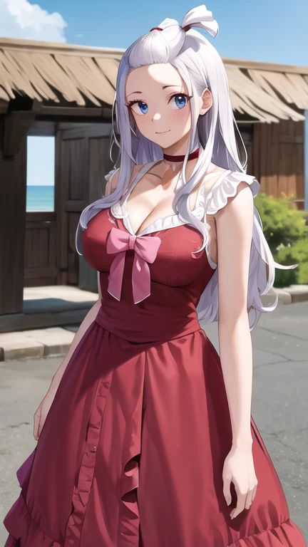 masterpiece, best quality, highres, aamira, long hair, bangs pinned back, topknot, forehead, choker, bare shoulder, cleavage, red dress, frilled dress, bow, sleeveless, cowboy shot, standing, outdoors, looking at viewer, town