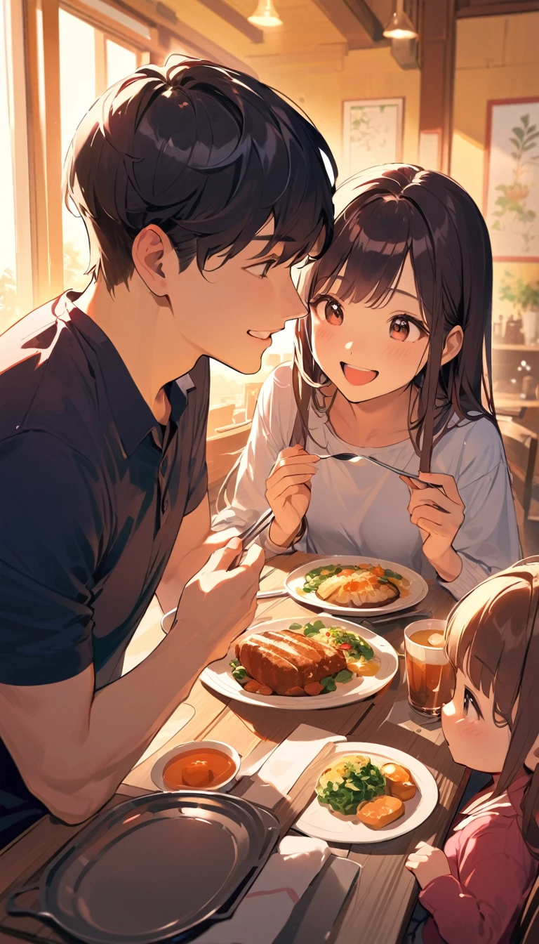 A detailed illustration of a young couple in their 20s with their 5-year-old daughter(1only), enjoying a meal together indoors.